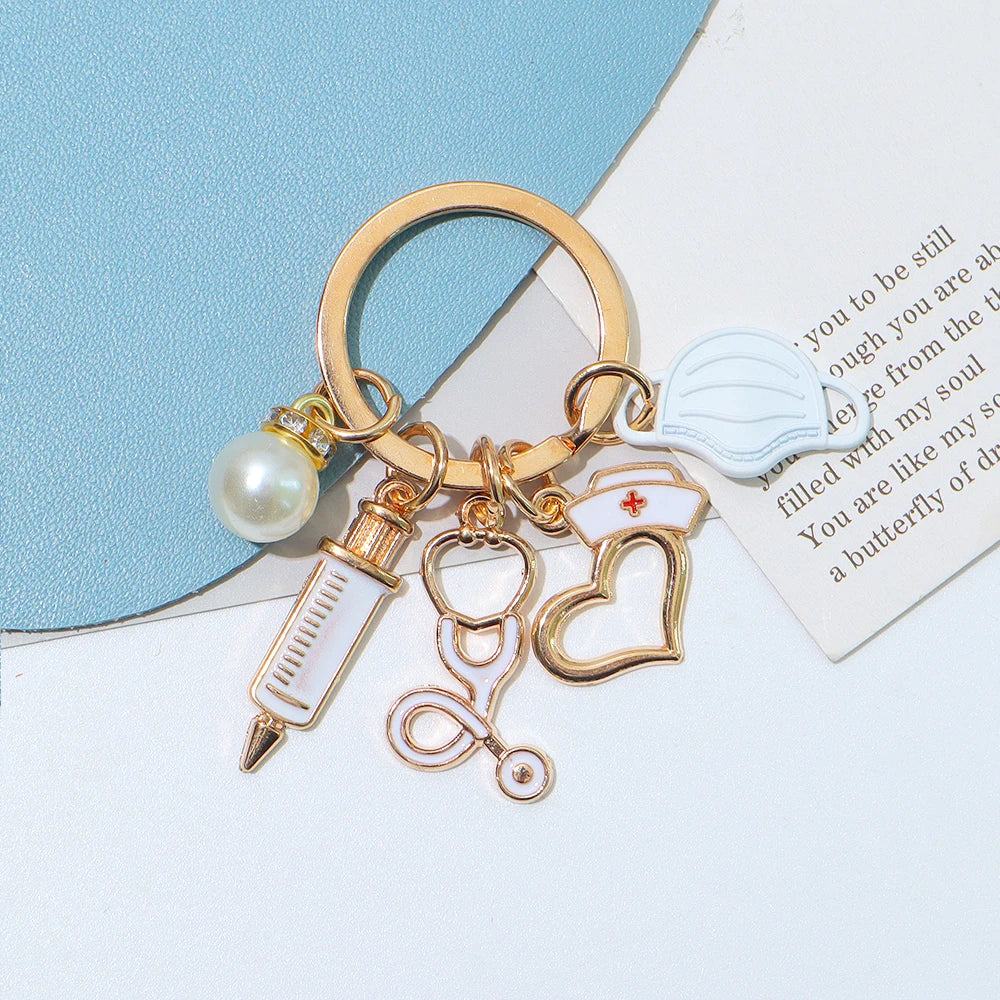Classic Nurse Day Gift Keychain Mask Heartbeat Stethoscope Syringe Medical Tool Keyring for Women Men Handbag Faux Pearl Pendant