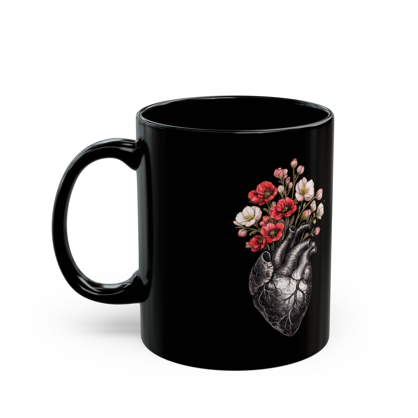 Anatomisches Herz mit Blumen Keramiktasse Schwarz