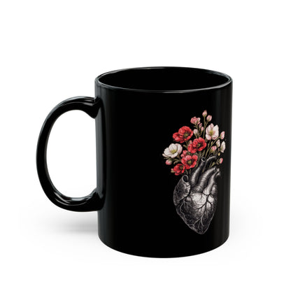 Anatomisches Herz mit Blumen Keramiktasse Schwarz