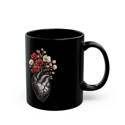 Anatomisches Herz mit Blumen Keramiktasse Schwarz