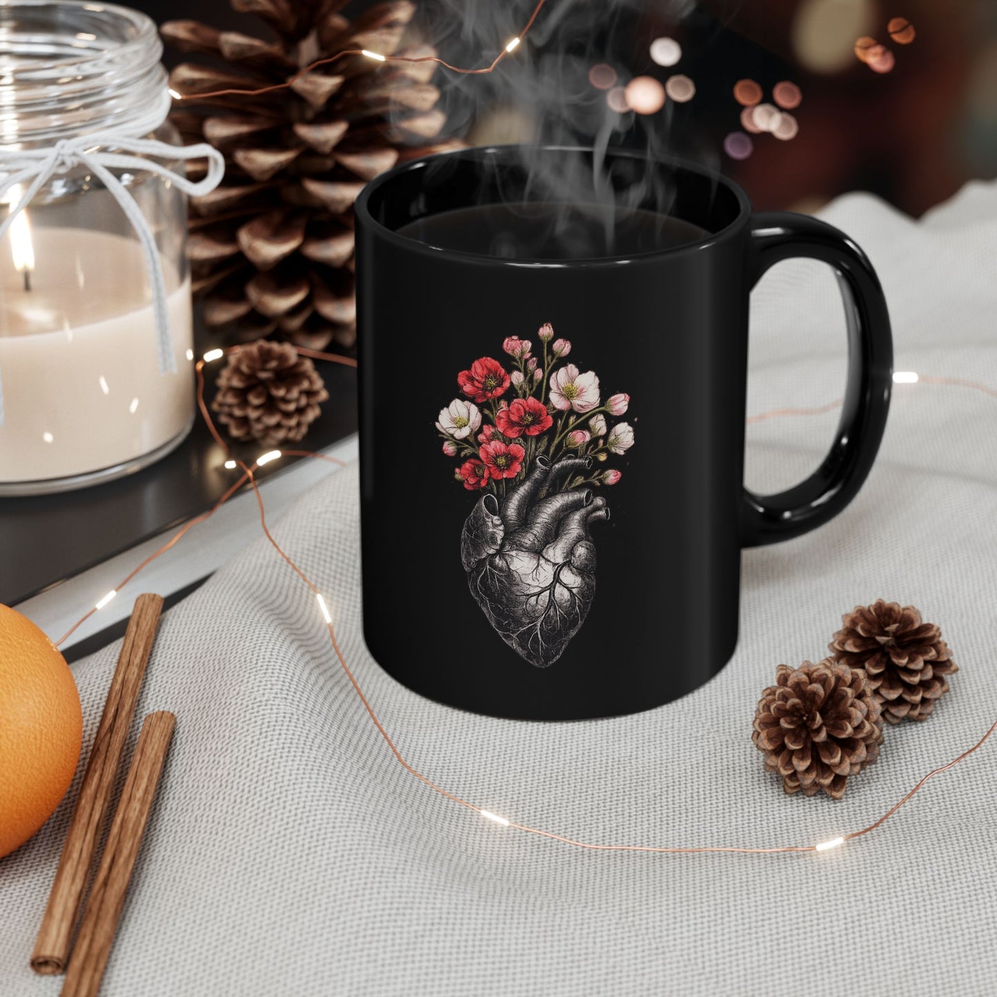 Anatomisches Herz mit Blumen Keramiktasse Schwarz