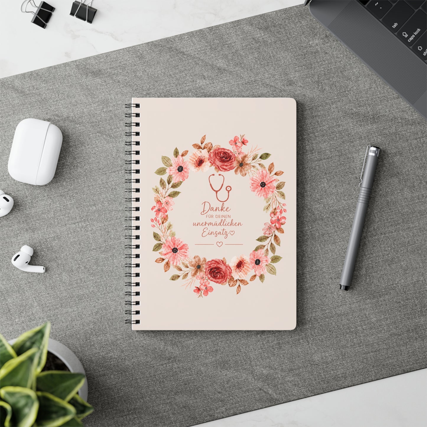 Floral Stethoscope Thank You Notebook — A5 Wirobound Journal for Nurses & Doctors