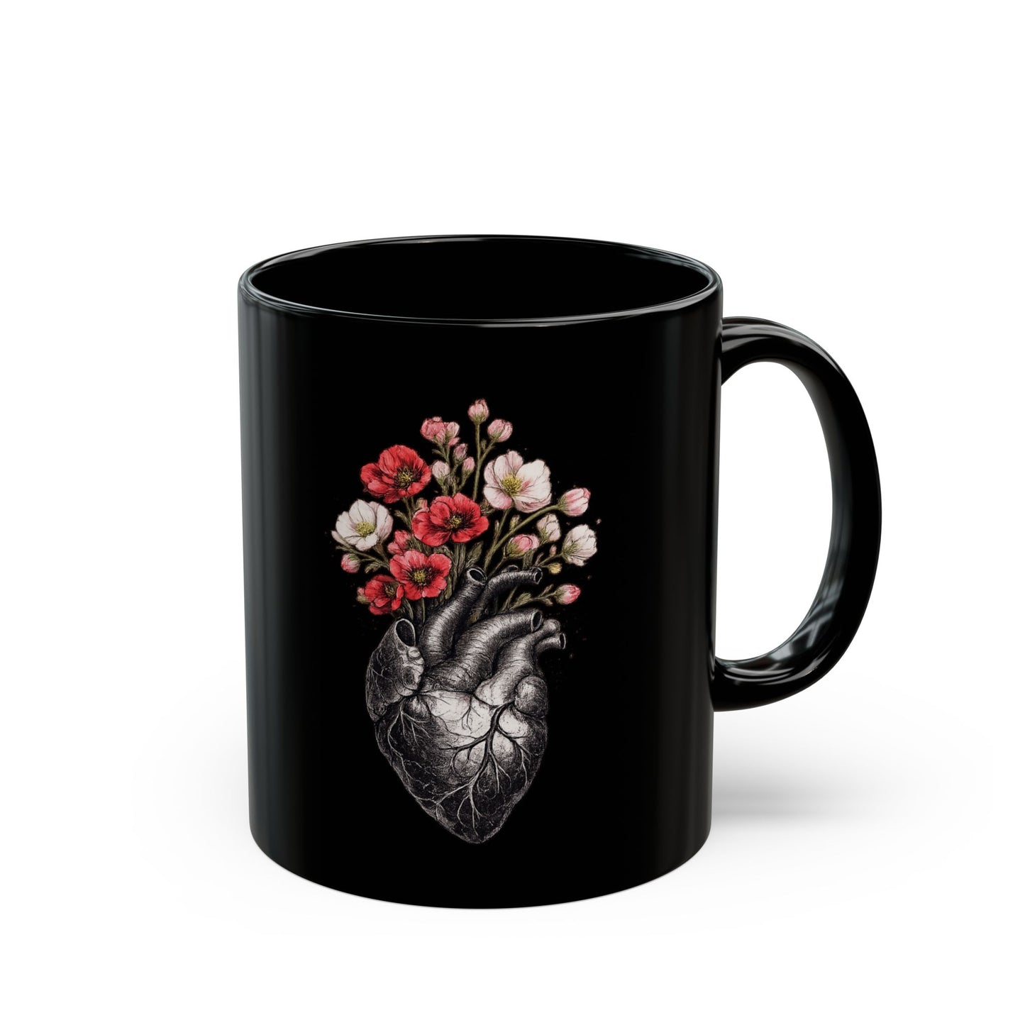 Anatomisches Herz mit Blumen Keramiktasse Schwarz
