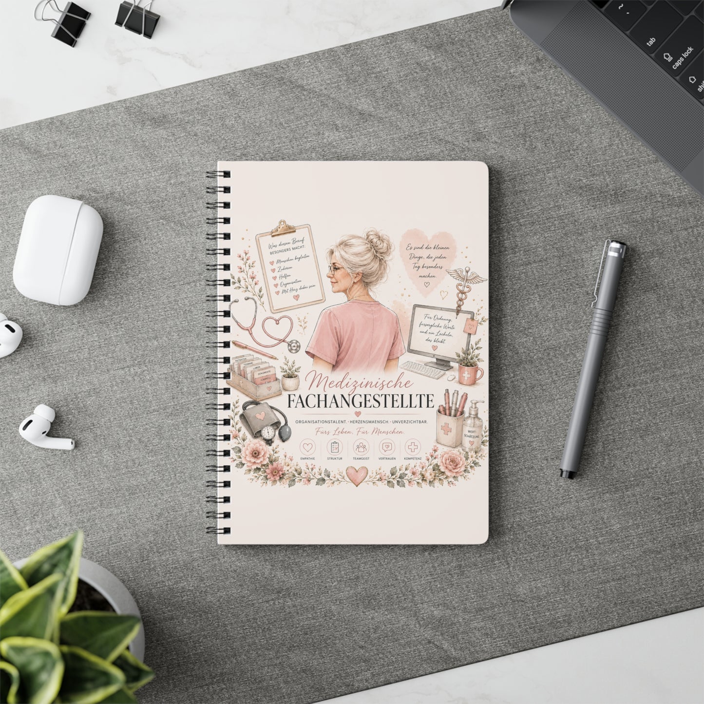 Medical Specialist A5 Spiral Notebook – "Medizinische Fachangestellte" Floral Design