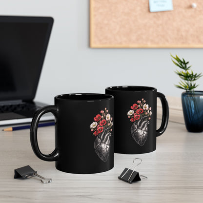 Anatomisches Herz mit Blumen Keramiktasse Schwarz