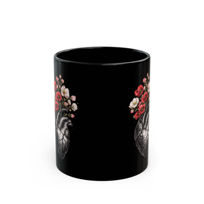 Anatomisches Herz mit Blumen Keramiktasse Schwarz