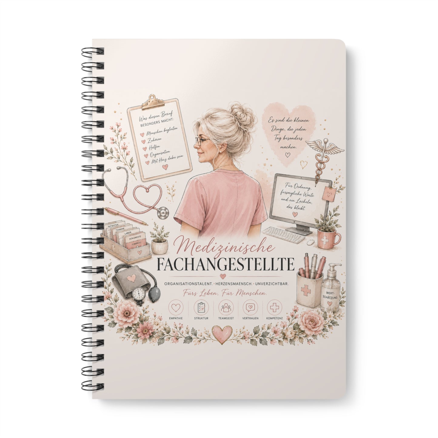Medical Specialist A5 Spiral Notebook – "Medizinische Fachangestellte" Floral Design