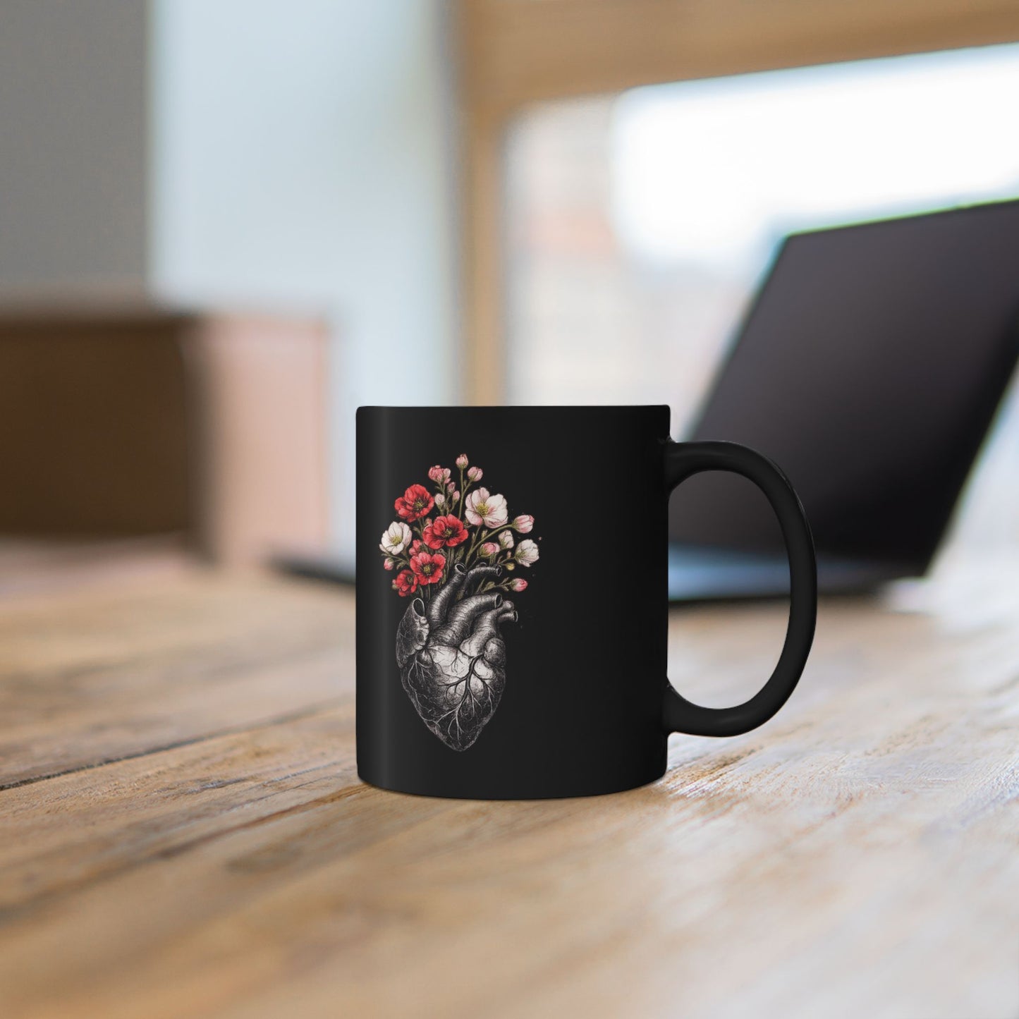 Anatomisches Herz mit Blumen Keramiktasse Schwarz