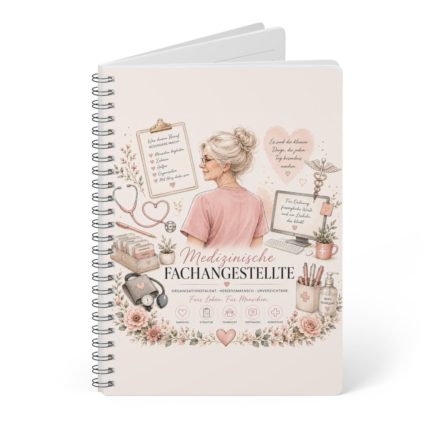 Medical Specialist A5 Spiral Notebook – "Medizinische Fachangestellte" Floral Design