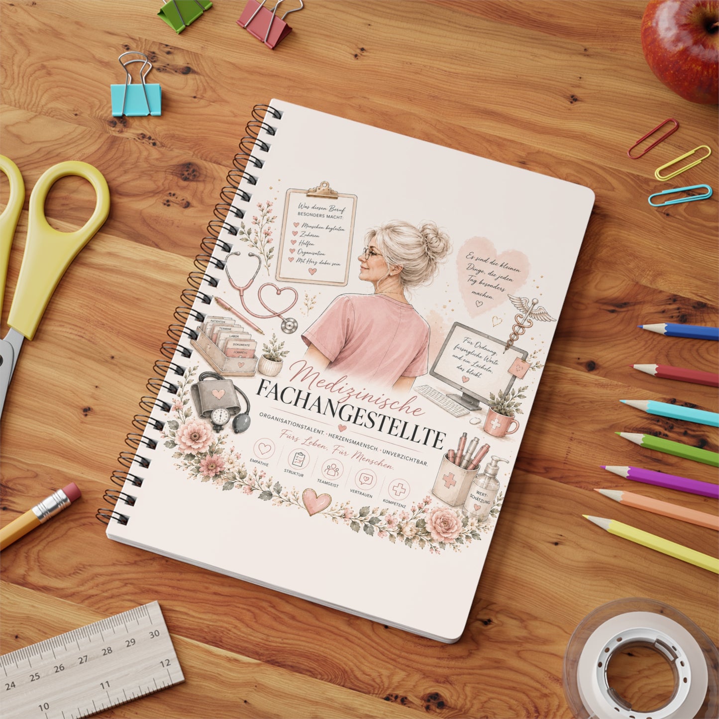 Medical Specialist A5 Spiral Notebook – "Medizinische Fachangestellte" Floral Design