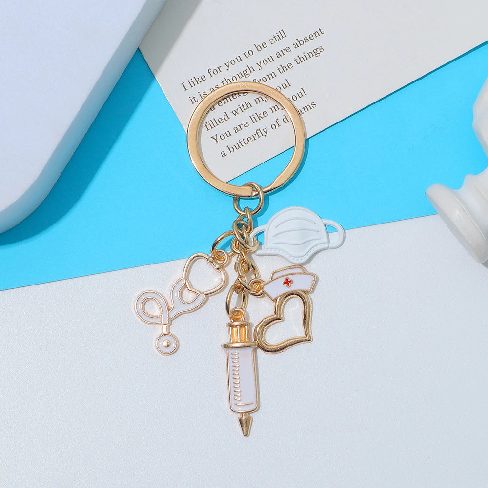 Classic Nurse Day Gift Keychain Mask Heartbeat Stethoscope Syringe Medical Tool Keyring for Women Men Handbag Faux Pearl Pendant
