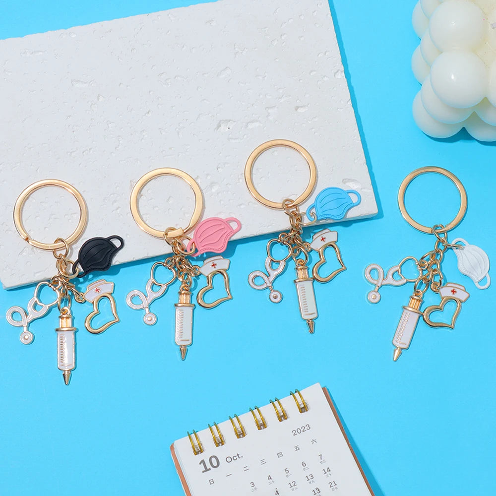 Classic Nurse Day Gift Keychain Mask Heartbeat Stethoscope Syringe Medical Tool Keyring for Women Men Handbag Faux Pearl Pendant