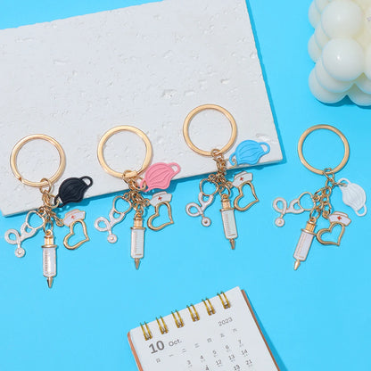 Classic Nurse Day Gift Keychain Mask Heartbeat Stethoscope Syringe Medical Tool Keyring for Women Men Handbag Faux Pearl Pendant