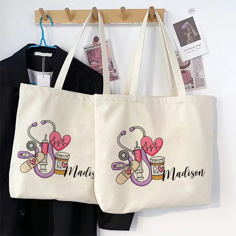 Nurse Doodle Personalized Canvas Tote Bag Appreciation Gift for RN Shopping Bag Graduation Nurse Students Gift Ideas Handbag