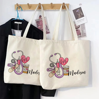 Nurse Doodle Personalized Canvas Tote Bag Appreciation Gift for RN Shopping Bag Graduation Nurse Students Gift Ideas Handbag