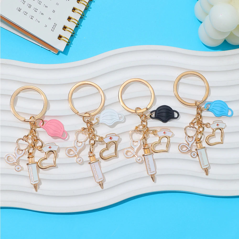Classic Nurse Day Gift Keychain Mask Heartbeat Stethoscope Syringe Medical Tool Keyring for Women Men Handbag Faux Pearl Pendant
