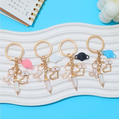 Classic Nurse Day Gift Keychain Mask Heartbeat Stethoscope Syringe Medical Tool Keyring for Women Men Handbag Faux Pearl Pendant