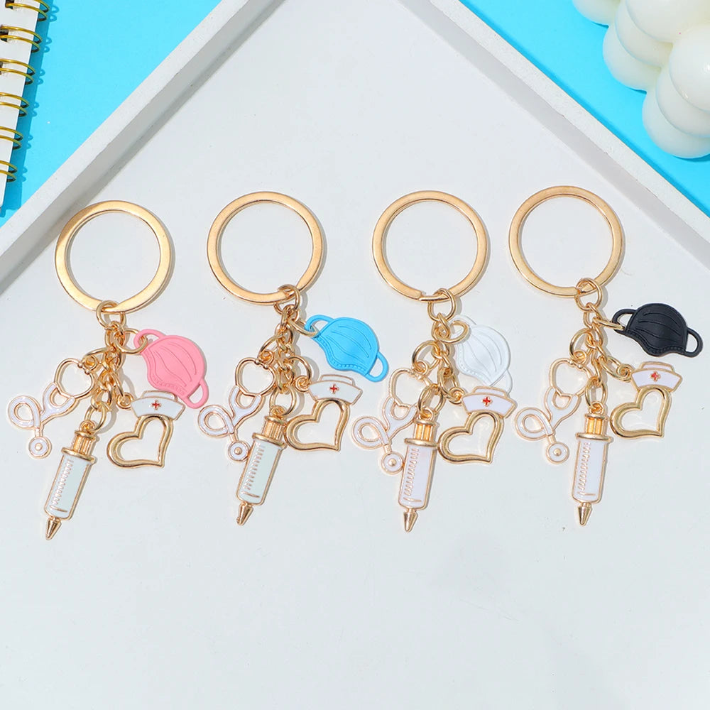 Classic Nurse Day Gift Keychain Mask Heartbeat Stethoscope Syringe Medical Tool Keyring for Women Men Handbag Faux Pearl Pendant