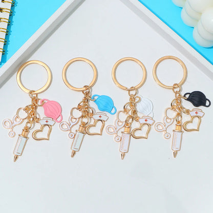 Classic Nurse Day Gift Keychain Mask Heartbeat Stethoscope Syringe Medical Tool Keyring for Women Men Handbag Faux Pearl Pendant