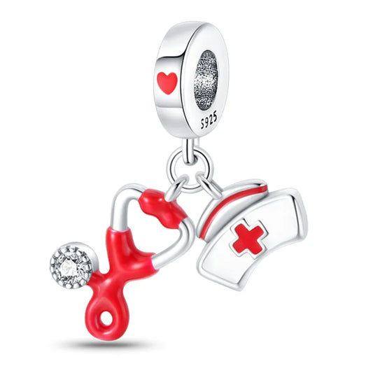 100% 925 Sterling Silver Charm Pendant 3mm Nurse Professional Series with Stethoscope Design Original DIY Fine Jewelry Gift