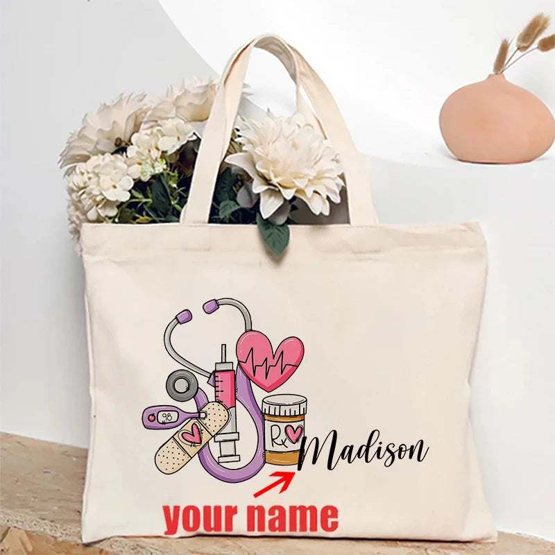 Nurse Doodle Personalized Canvas Tote Bag Appreciation Gift for RN Shopping Bag Graduation Nurse Students Gift Ideas Handbag