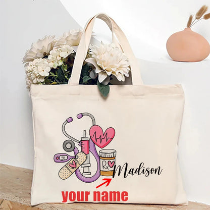 Nurse Doodle Personalized Canvas Tote Bag Appreciation Gift for RN Shopping Bag Graduation Nurse Students Gift Ideas Handbag