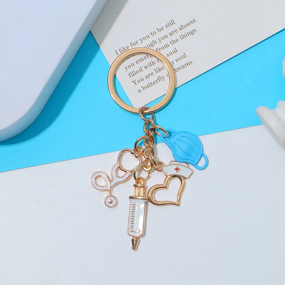 Classic Nurse Day Gift Keychain Mask Heartbeat Stethoscope Syringe Medical Tool Keyring for Women Men Handbag Faux Pearl Pendant