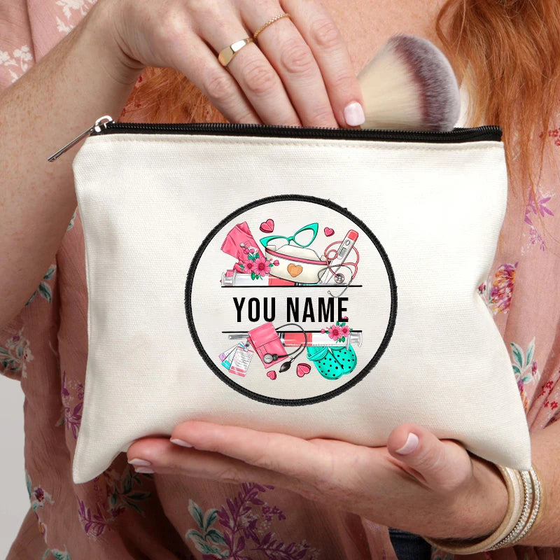 Stethoscope Nurse Customized Name Canvas Bag Office Supplies Pencil Case Wallet Travel Makeup Pouch Personalized Gift for Nurses