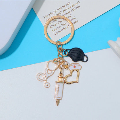 Classic Nurse Day Gift Keychain Mask Heartbeat Stethoscope Syringe Medical Tool Keyring for Women Men Handbag Faux Pearl Pendant
