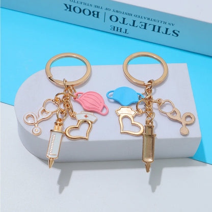 Classic Nurse Day Gift Keychain Mask Heartbeat Stethoscope Syringe Medical Tool Keyring for Women Men Handbag Faux Pearl Pendant
