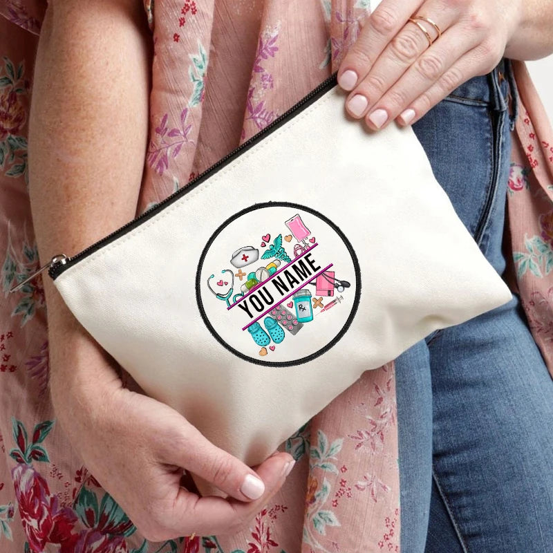 Stethoscope Nurse Customized Name Canvas Bag Office Supplies Pencil Case Wallet Travel Makeup Pouch Personalized Gift for Nurses