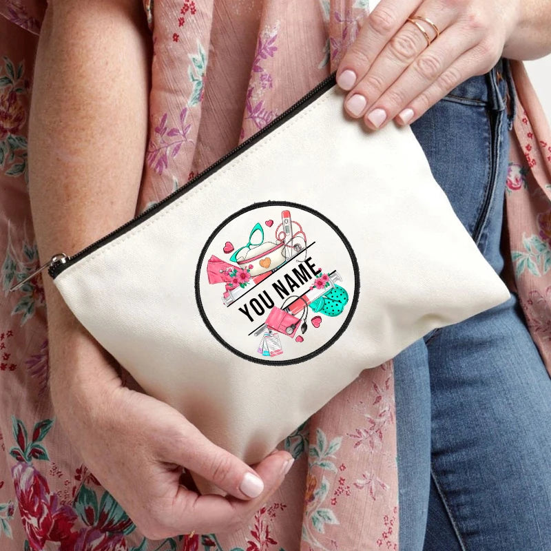 Stethoscope Nurse Customized Name Canvas Bag Office Supplies Pencil Case Wallet Travel Makeup Pouch Personalized Gift for Nurses