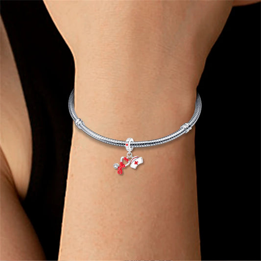 100% 925 Sterling Silver Charm Pendant 3mm Nurse Professional Series with Stethoscope Design Original DIY Fine Jewelry Gift