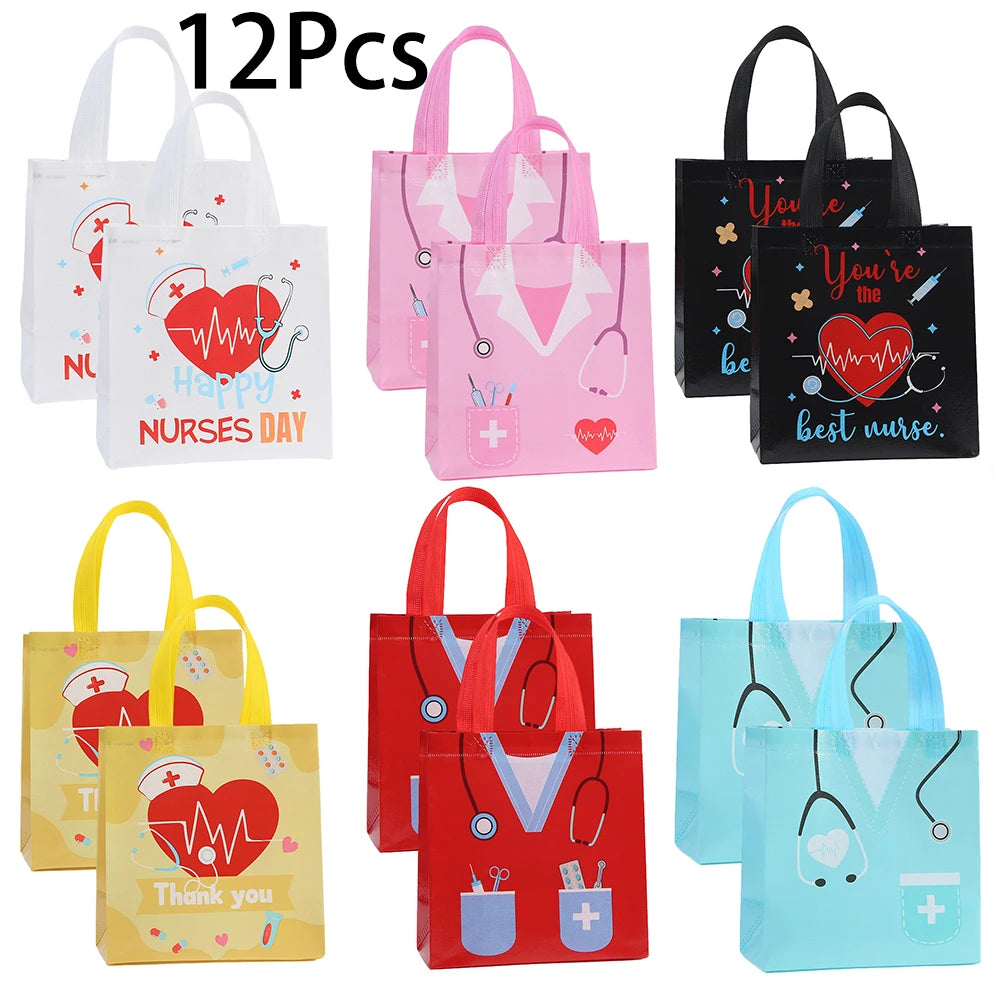 12Pcs Nurse's Day Theme Non-Woven Gift Packing Bag Doctor Candy Cookie Bag for Congrats Nurse Graduation Party Decoration