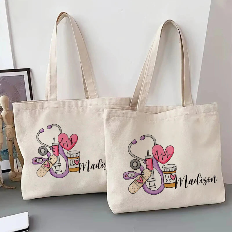 Nurse Doodle Personalized Canvas Tote Bag Appreciation Gift for RN Shopping Bag Graduation Nurse Students Gift Ideas Handbag