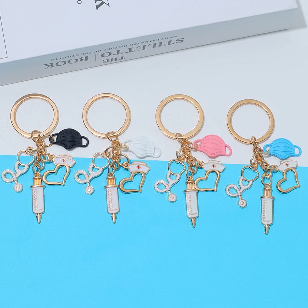 Classic Nurse Day Gift Keychain Mask Heartbeat Stethoscope Syringe Medical Tool Keyring for Women Men Handbag Faux Pearl Pendant