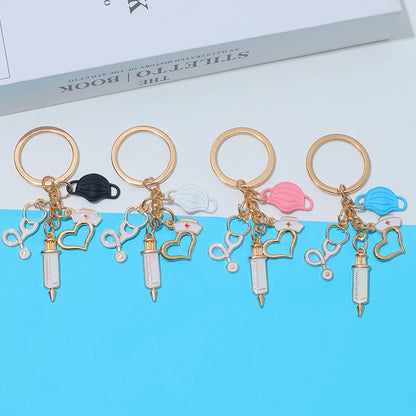 Classic Nurse Day Gift Keychain Mask Heartbeat Stethoscope Syringe Medical Tool Keyring for Women Men Handbag Faux Pearl Pendant