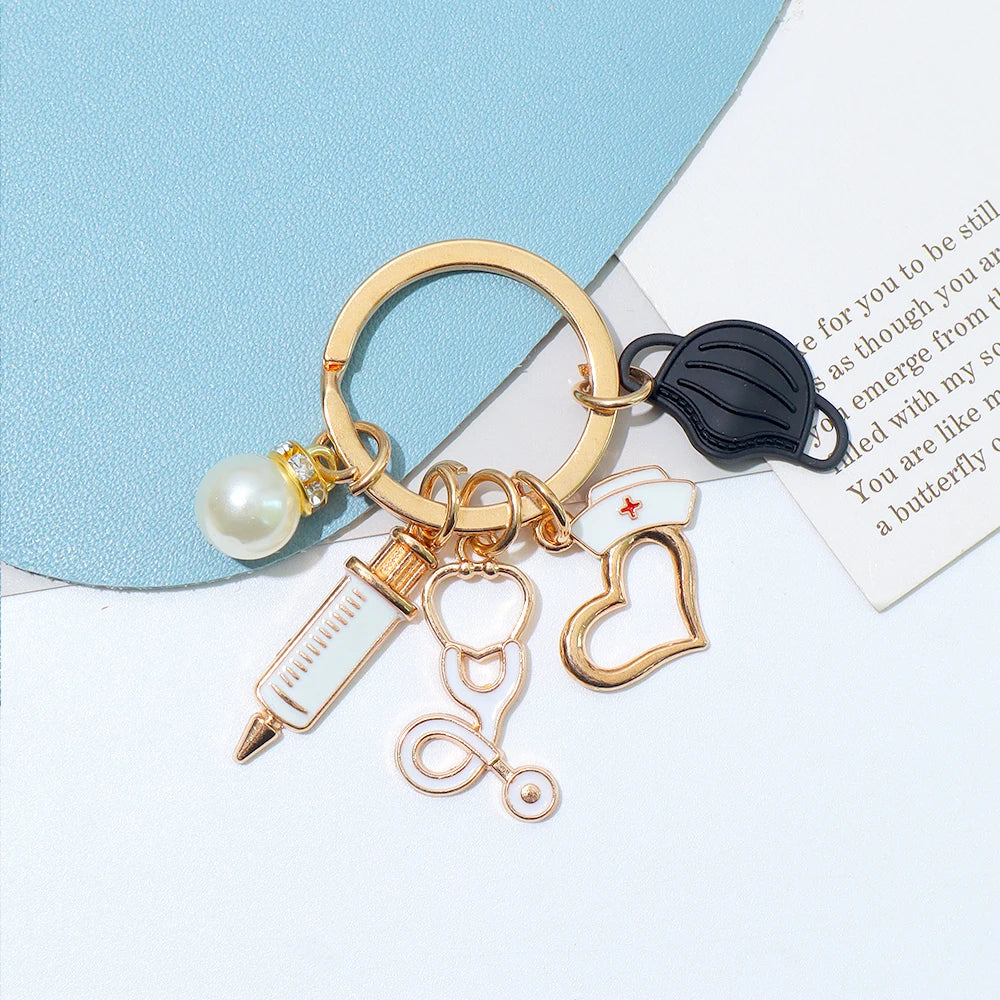Classic Nurse Day Gift Keychain Mask Heartbeat Stethoscope Syringe Medical Tool Keyring for Women Men Handbag Faux Pearl Pendant
