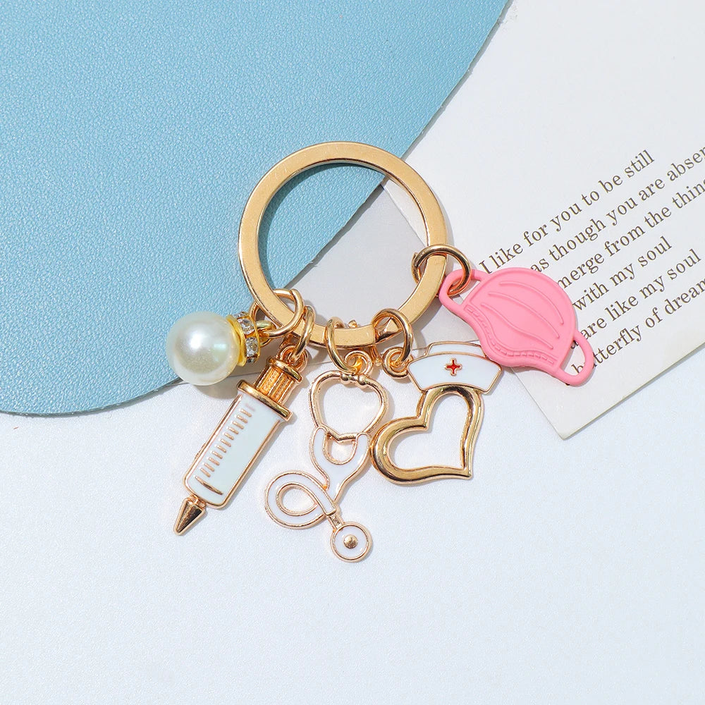 Classic Nurse Day Gift Keychain Mask Heartbeat Stethoscope Syringe Medical Tool Keyring for Women Men Handbag Faux Pearl Pendant