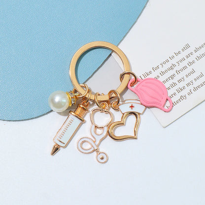 Classic Nurse Day Gift Keychain Mask Heartbeat Stethoscope Syringe Medical Tool Keyring for Women Men Handbag Faux Pearl Pendant