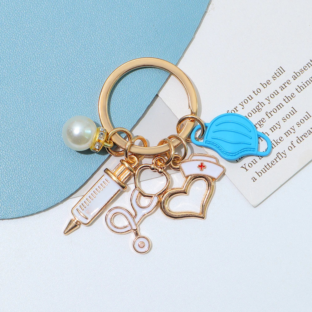 Classic Nurse Day Gift Keychain Mask Heartbeat Stethoscope Syringe Medical Tool Keyring for Women Men Handbag Faux Pearl Pendant