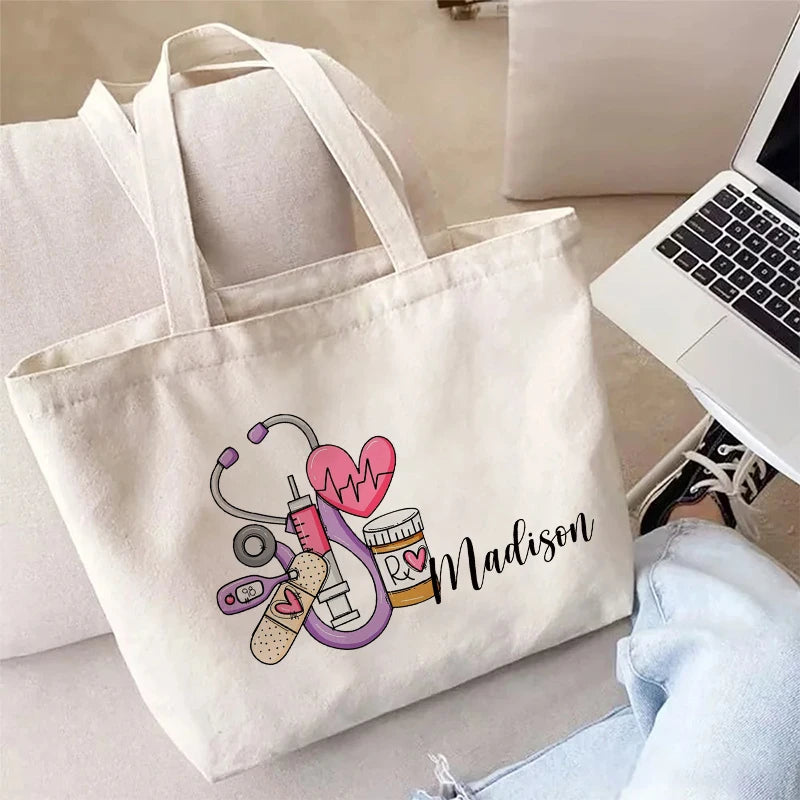 Nurse Doodle Personalized Canvas Tote Bag Appreciation Gift for RN Shopping Bag Graduation Nurse Students Gift Ideas Handbag
