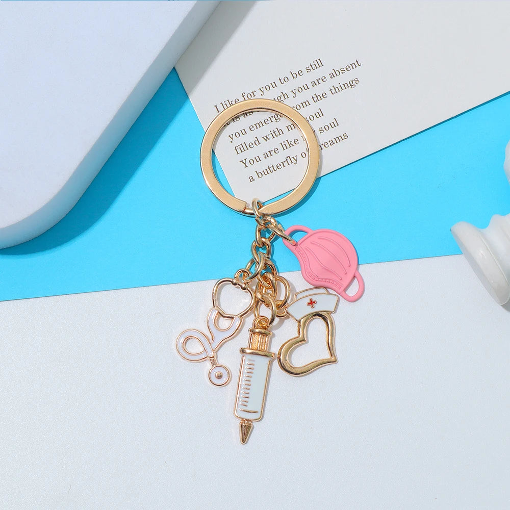Classic Nurse Day Gift Keychain Mask Heartbeat Stethoscope Syringe Medical Tool Keyring for Women Men Handbag Faux Pearl Pendant