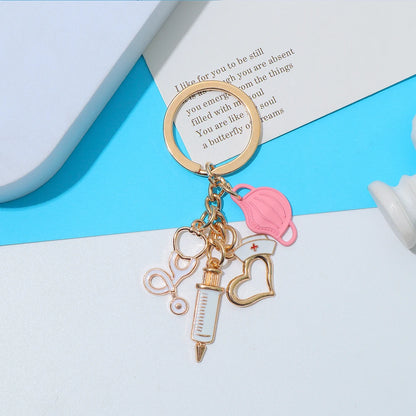Classic Nurse Day Gift Keychain Mask Heartbeat Stethoscope Syringe Medical Tool Keyring for Women Men Handbag Faux Pearl Pendant